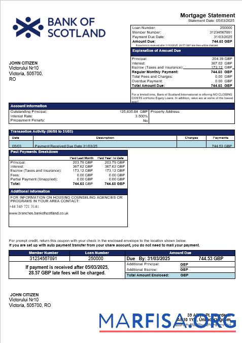 Blank UK Bank of Scotland mortgage statement in Word and PDF formats example